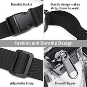 Cintura regolabile con fibbia resistente, design elastico per aderenza, cerniera liscia. Marsupio trasparente, moda e durata.