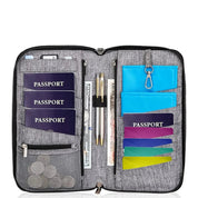 Portadocumenti da viaggio grigio con scomparti per passaporti, carte di credito, penne e monete. Organizer compatto e funzionale per viaggiatori.