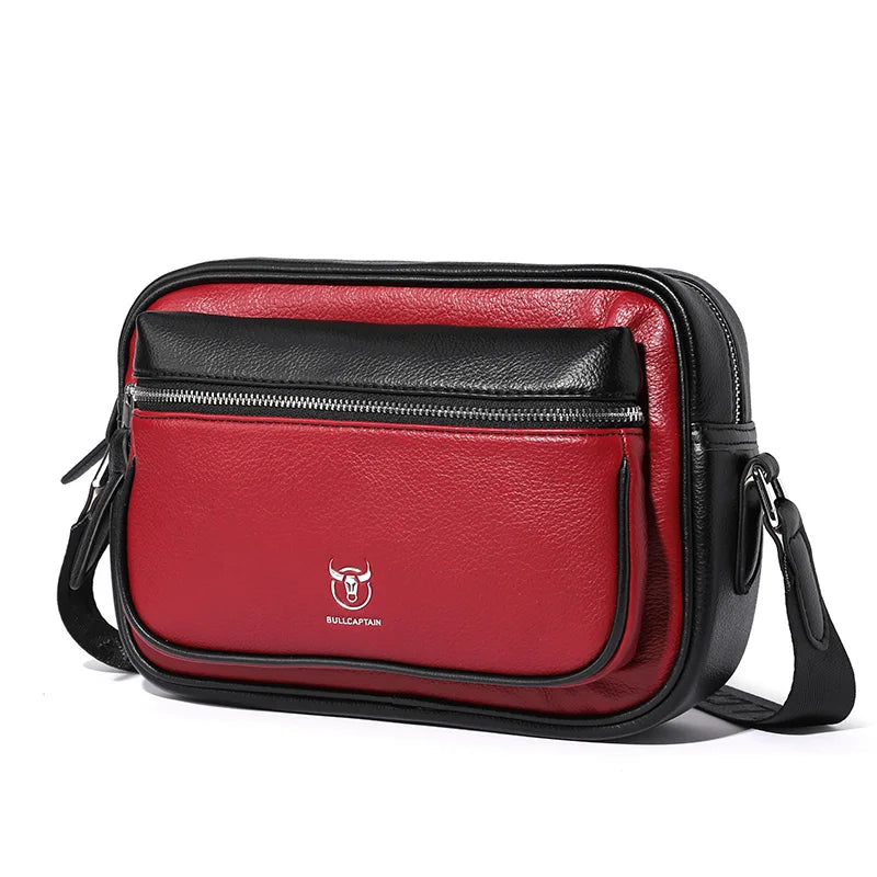 Borsa a tracolla in pelle rossa e nera con tasca frontale con zip, logo Bullcaptain, design elegante e moderno, ideale per uomo.