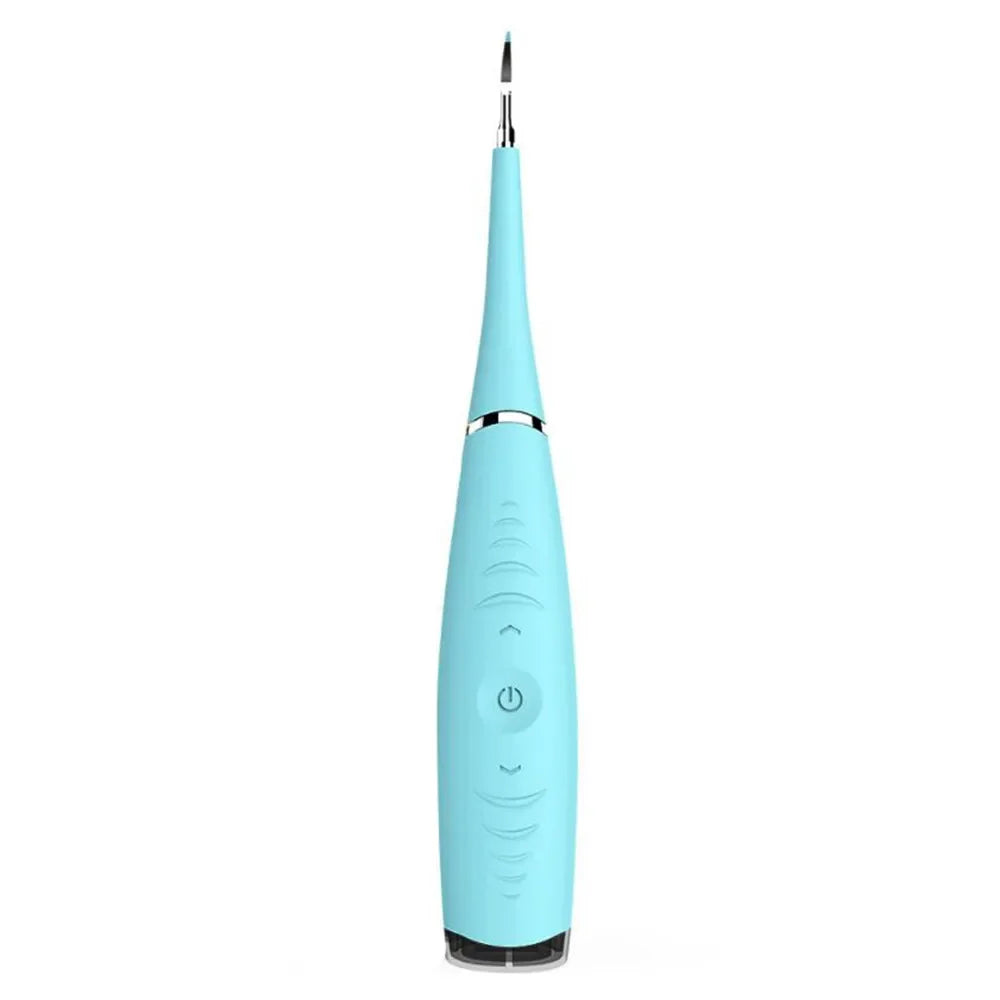 Spazzolino elettrico blu per pulizia dentale, design ergonomico, setole sottili, pulsante di accensione centrale, ideale per igiene orale quotidiana.