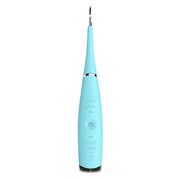 Spazzolino elettrico blu per pulizia dentale, design ergonomico, setole sottili, pulsante di accensione centrale, ideale per igiene orale quotidiana.