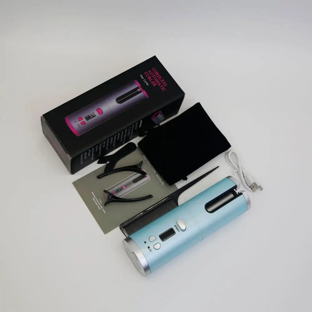 Arricciacapelli automatico cordless blu con accessori: cavo USB, pinze, custodia nera e scatola originale. Styling capelli senza fili.