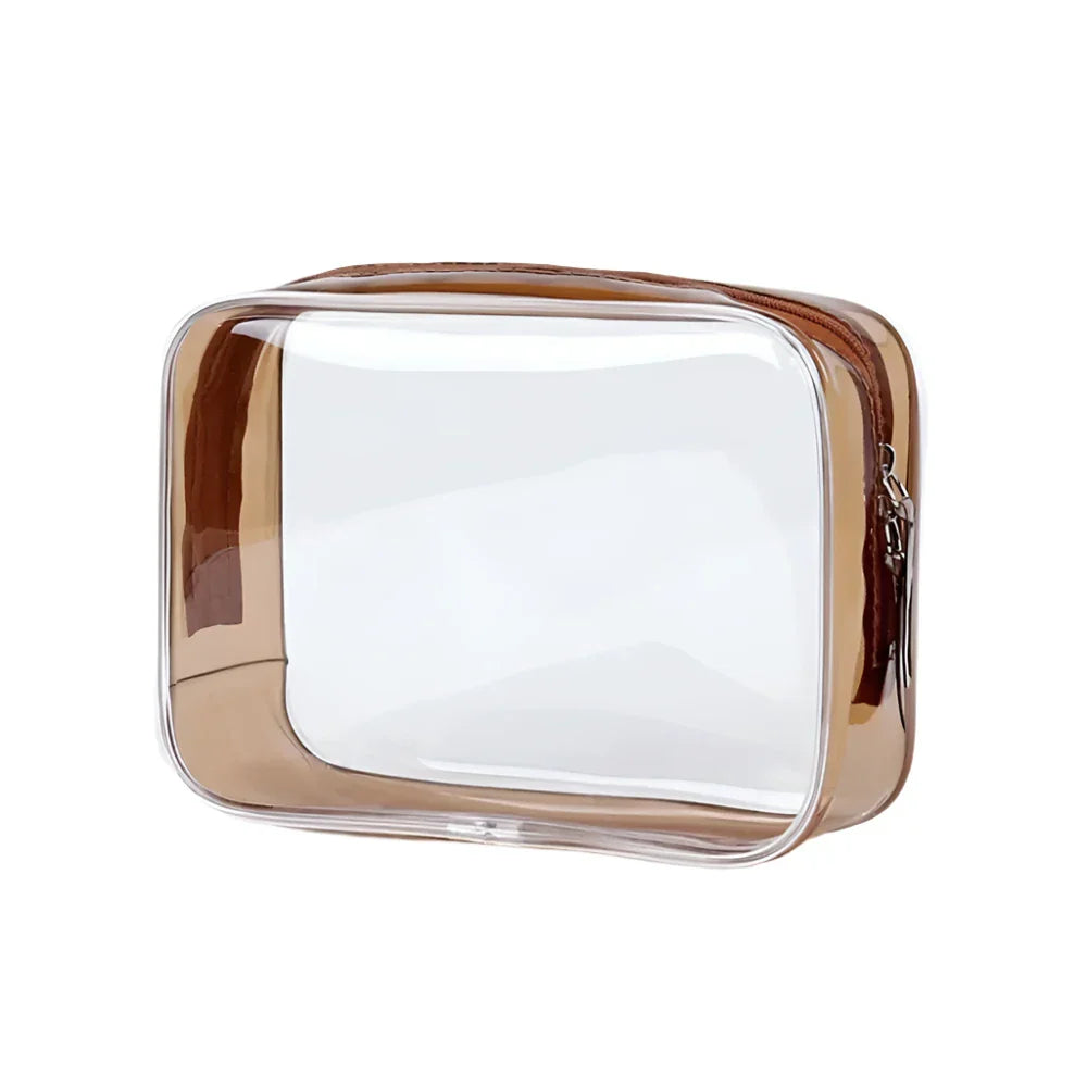 Trasparente borsa da toilette in PVC con cerniera marrone, ideale per viaggi, organizzazione cosmetici, resistente all'acqua, dimensioni compatte.