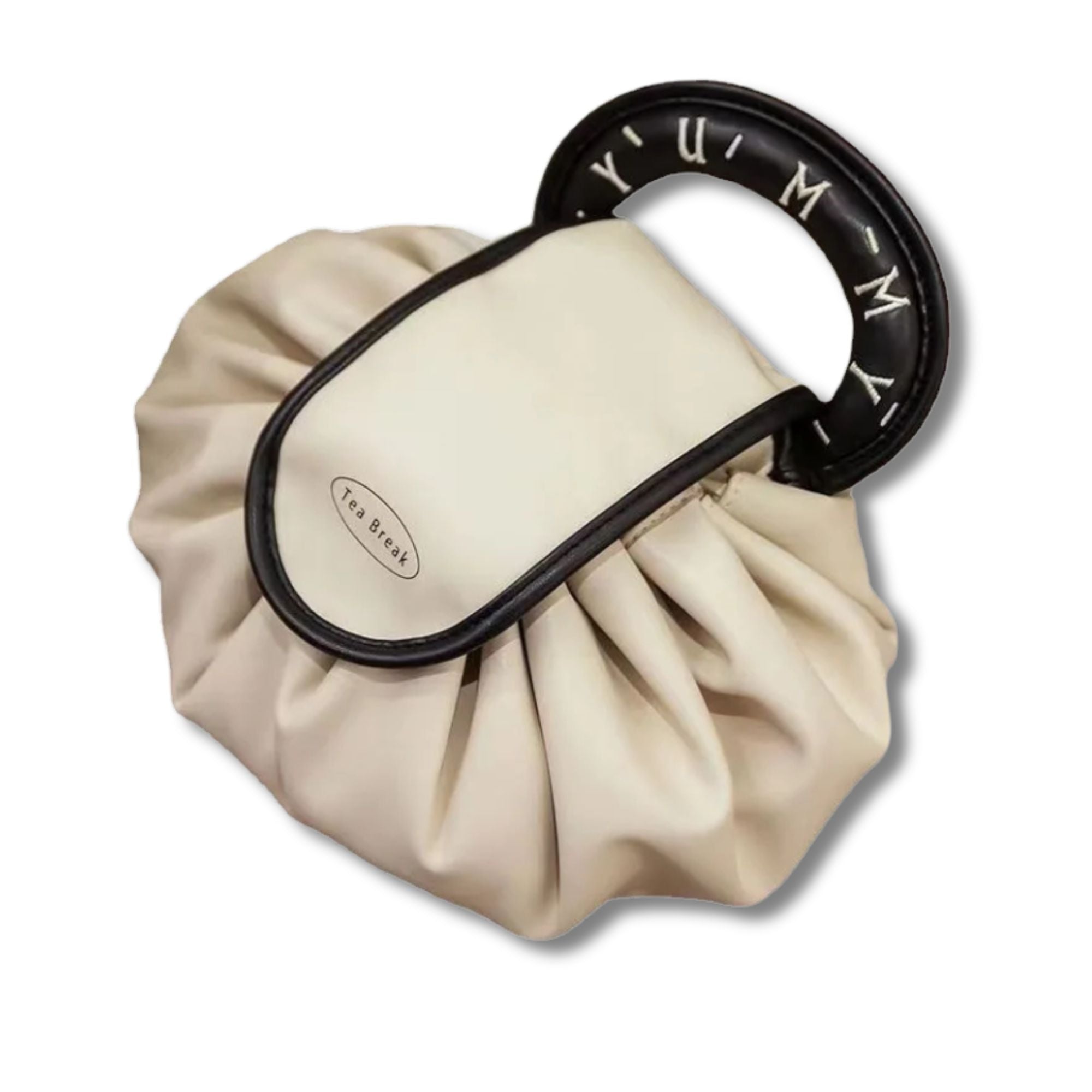 Borsa a mano beige con manico nero decorato con scritta "YUMMY", design elegante e moderno, perfetta per moda femminile e accessori di tendenza.