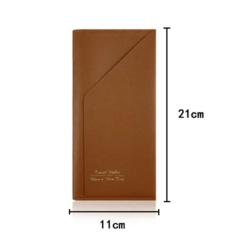 Portafoglio da viaggio in pelle marrone, dimensioni 21x11 cm, design elegante e sottile, ideale per documenti e carte, accessorio moda uomo.