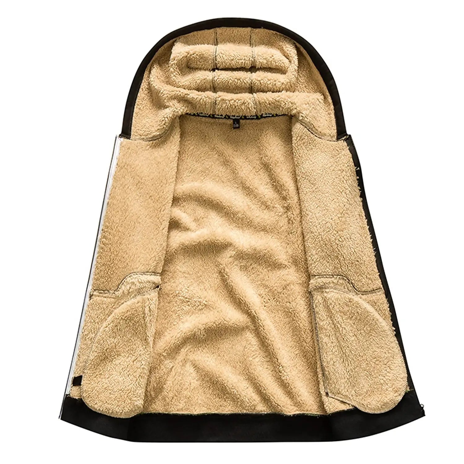 Cappotto invernale con cappuccio, interno in pelliccia sintetica beige, esterno nero, caldo e accogliente, ideale per climi freddi.