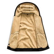Cappotto invernale con cappuccio, interno in pelliccia sintetica beige, esterno nero, caldo e accogliente, ideale per climi freddi.