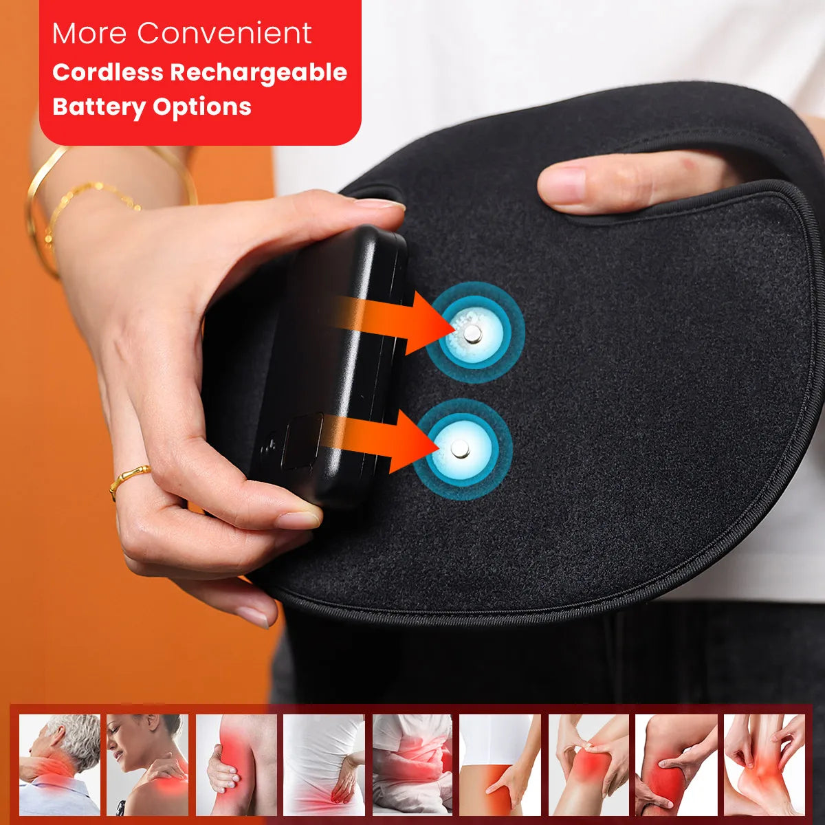 Cuscino termico cordless con batteria ricaricabile, design ergonomico, sollievo dal dolore, immagini dimostrative, comfort e praticità.