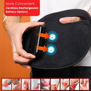 Cuscino termico cordless con batteria ricaricabile, design ergonomico, sollievo dal dolore, immagini dimostrative, comfort e praticità.