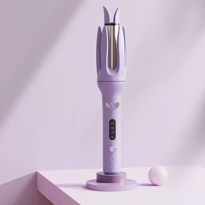 Arricciacapelli automatico viola su sfondo rosa, display digitale, impostazioni di temperatura regolabili, design moderno, styling capelli.