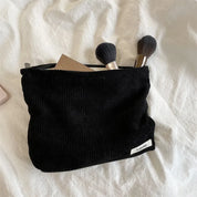 Spaziosa borsa per il trucco da viaggio in velluto a coste con chiusura sicura con cerniera