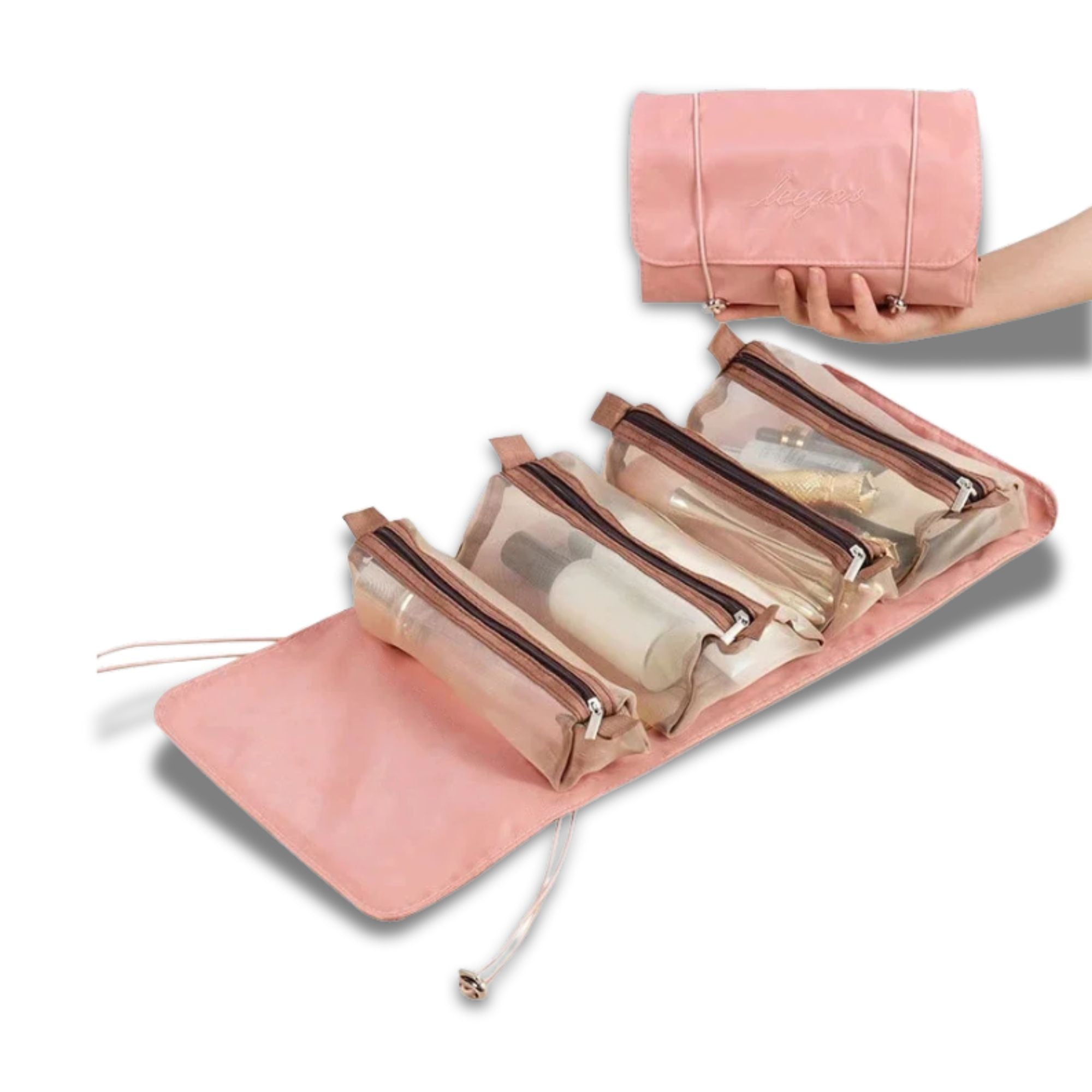 Astuccio da viaggio rosa con tasche trasparenti, ideale per cosmetici e articoli da toeletta. Design pieghevole, pratico e compatto.