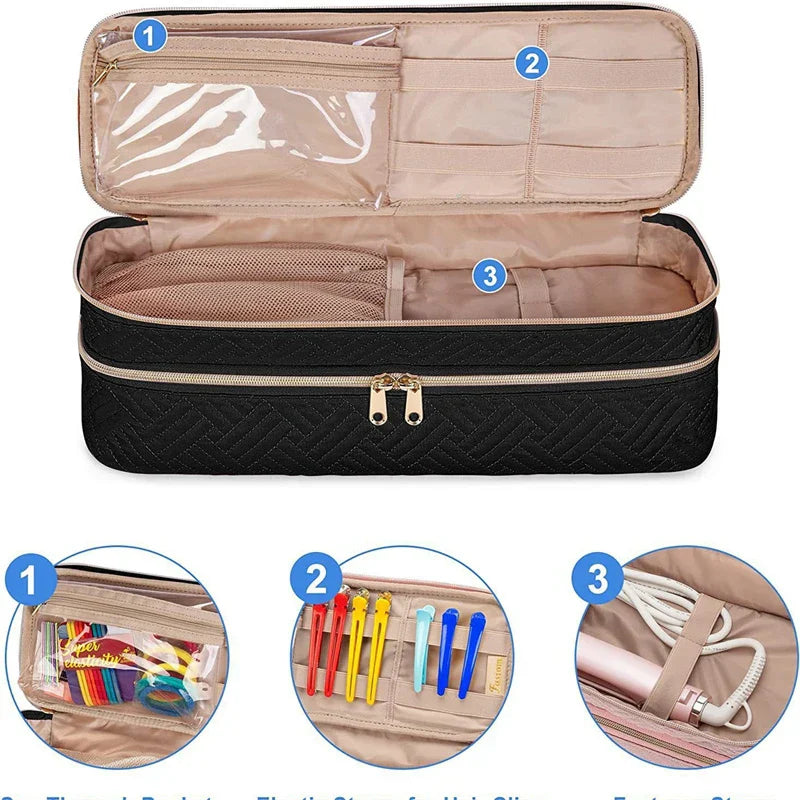 Astuccio organizer nero con scomparti trasparenti, tasche per penne e spazio per accessori. Ideale per viaggi e ufficio. Tasche multiple.