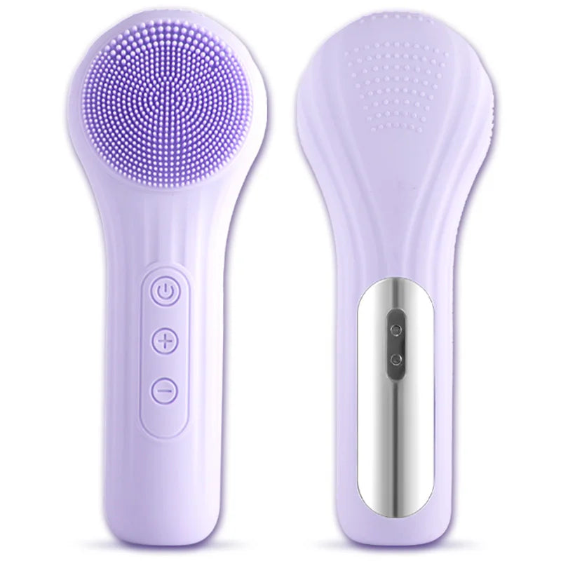 Dispositivo massaggio viso in silicone viola, doppia faccia, pulsanti di controllo, design ergonomico. Strumento bellezza, cura pelle, pulizia profonda.