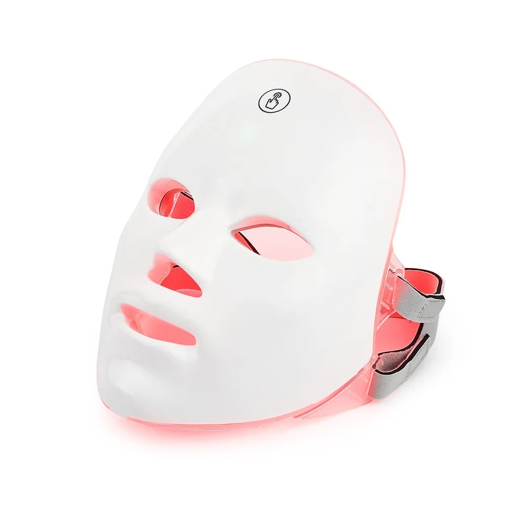 Maschera LED terapia luce rossa, dispositivo bellezza viso, trattamento anti-età, riduzione rughe, cura pelle, tecnologia skincare avanzata.