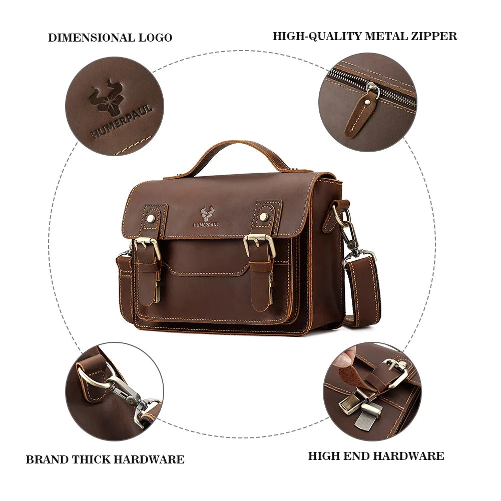 Borsa a tracolla in pelle marrone con logo Humber Paul, cerniera in metallo di alta qualità, hardware robusto e dettagli di design eleganti.
