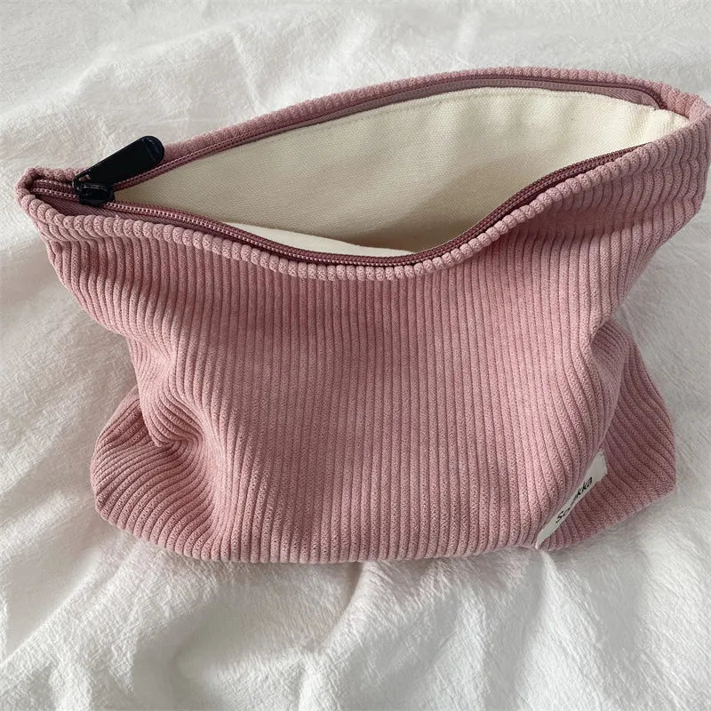 Spaziosa borsa per il trucco da viaggio in velluto a coste con chiusura sicura con cerniera