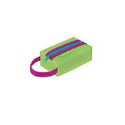 Astuccio verde rettangolare con doppia cerniera viola e manico laterale, ideale per scuola e ufficio. Design compatto e funzionale.