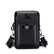 Borsa a tracolla in pelle nera con logo leone, design elegante e compatto, ideale per uomo, accessorio moda, chiusura a fibbia, tracolla regolabile.
