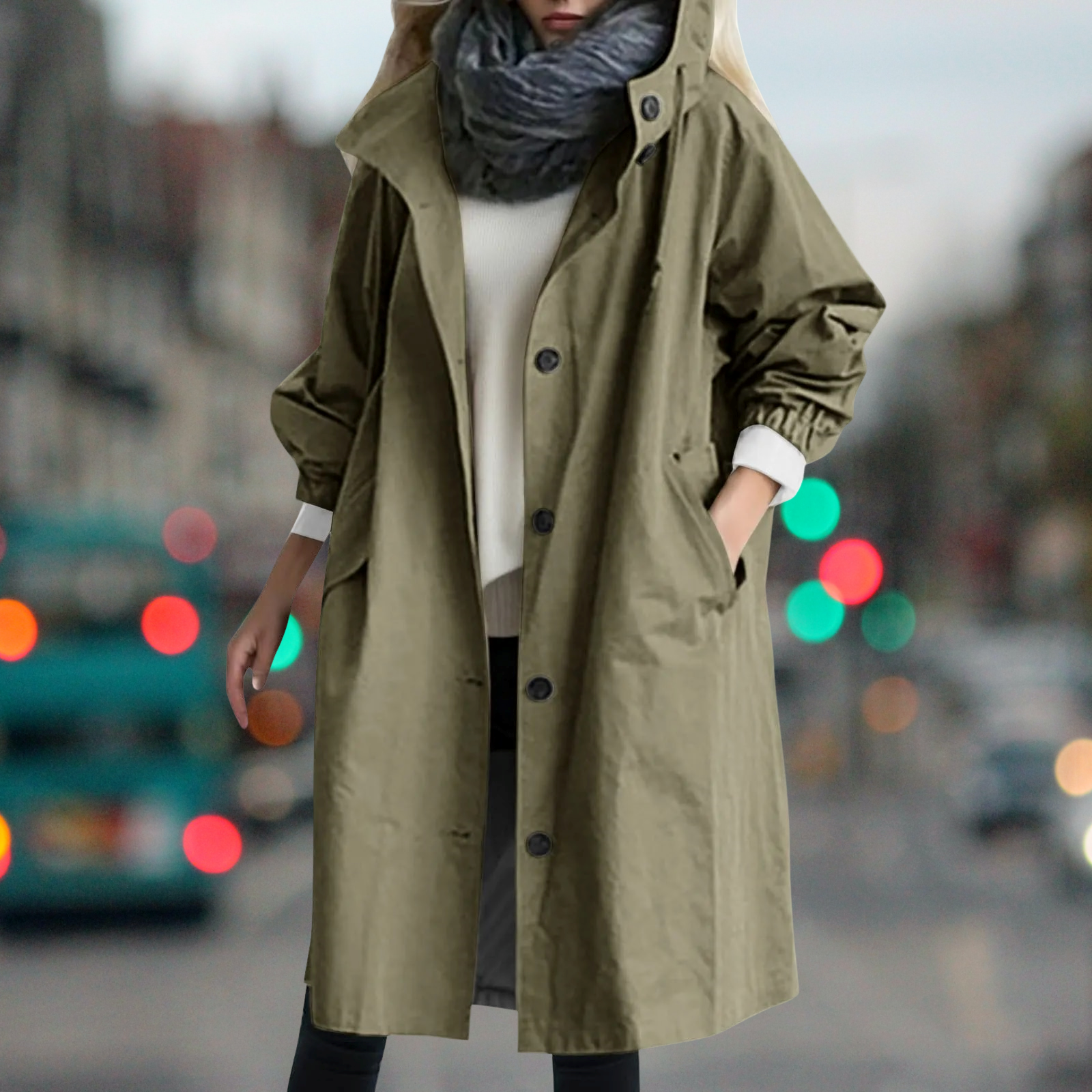 Donna con cappotto verde oliva, sciarpa grigia, maglione bianco, in strada urbana sfocata. Moda autunnale, abbigliamento casual elegante.