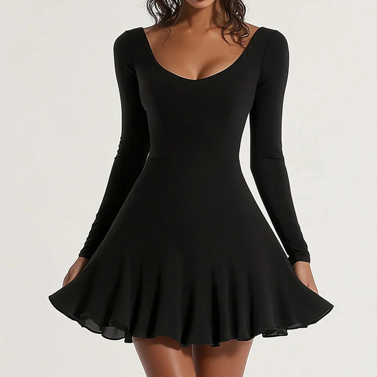 Abito nero elegante a maniche lunghe, scollo rotondo, gonna svasata. Perfetto per serate, moda donna, stile classico e sofisticato.
