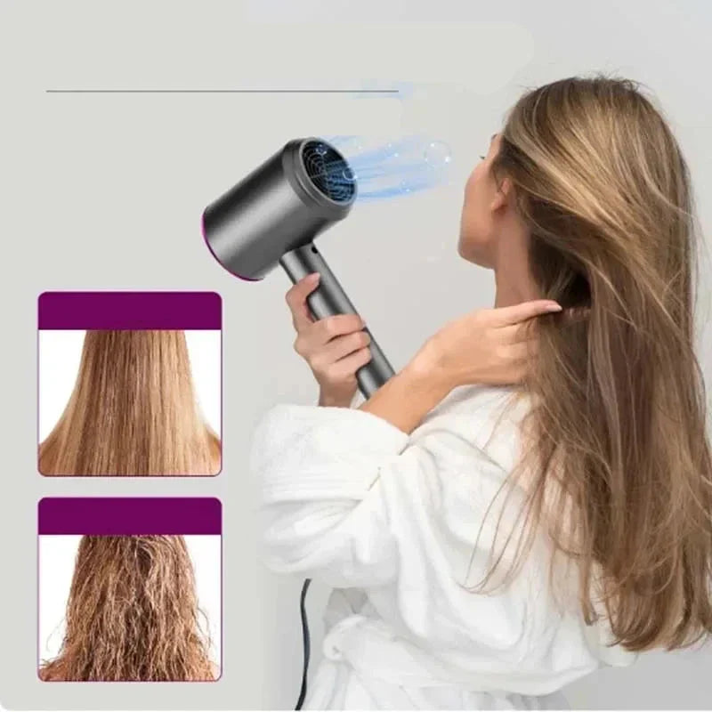 Asciugacapelli ionico professionale, donna in accappatoio bianco asciuga capelli lisci. Tecnologia avanzata, risultati lisci e lucenti.