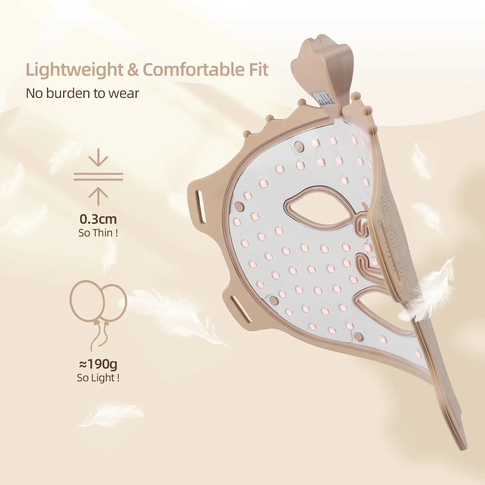 Maschera LED per terapia della pelle, design leggero e confortevole, spessore 0,3 cm, peso 190g, ideale per trattamenti viso senza sforzo.