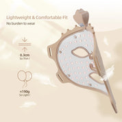 Maschera LED per terapia della pelle, design leggero e confortevole, spessore 0,3 cm, peso 190g, ideale per trattamenti viso senza sforzo.