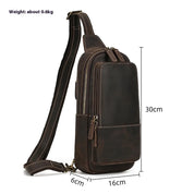 Zaino a tracolla in pelle marrone, dimensioni 30x16x6 cm, peso 0,6 kg. Design elegante con cerniere multiple, ideale per uomo e donna.
