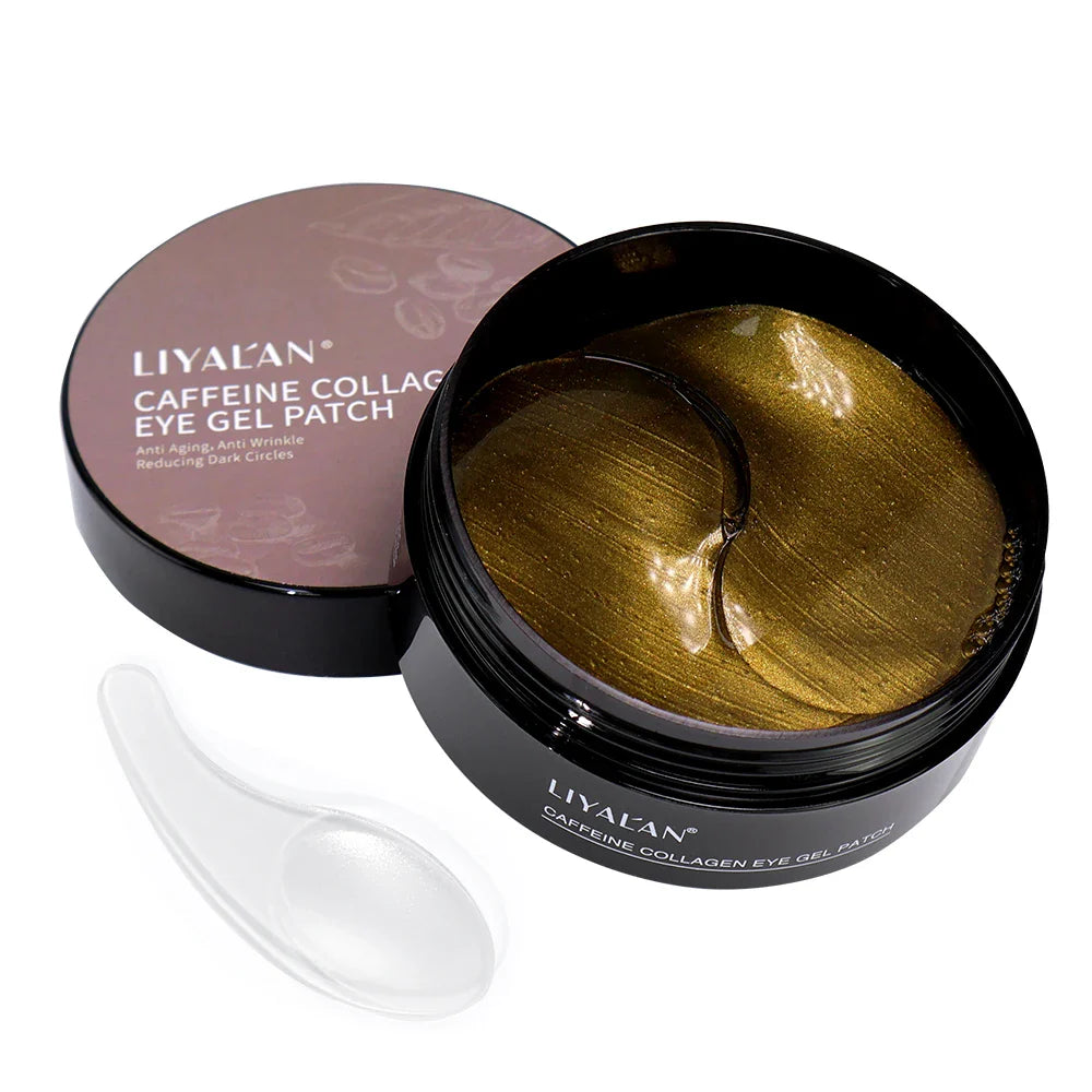 Patch occhi al collagene e caffeina Liyalan, confezione aperta con gel dorato, include spatola. Trattamento anti-età, riduce occhiaie e rughe.