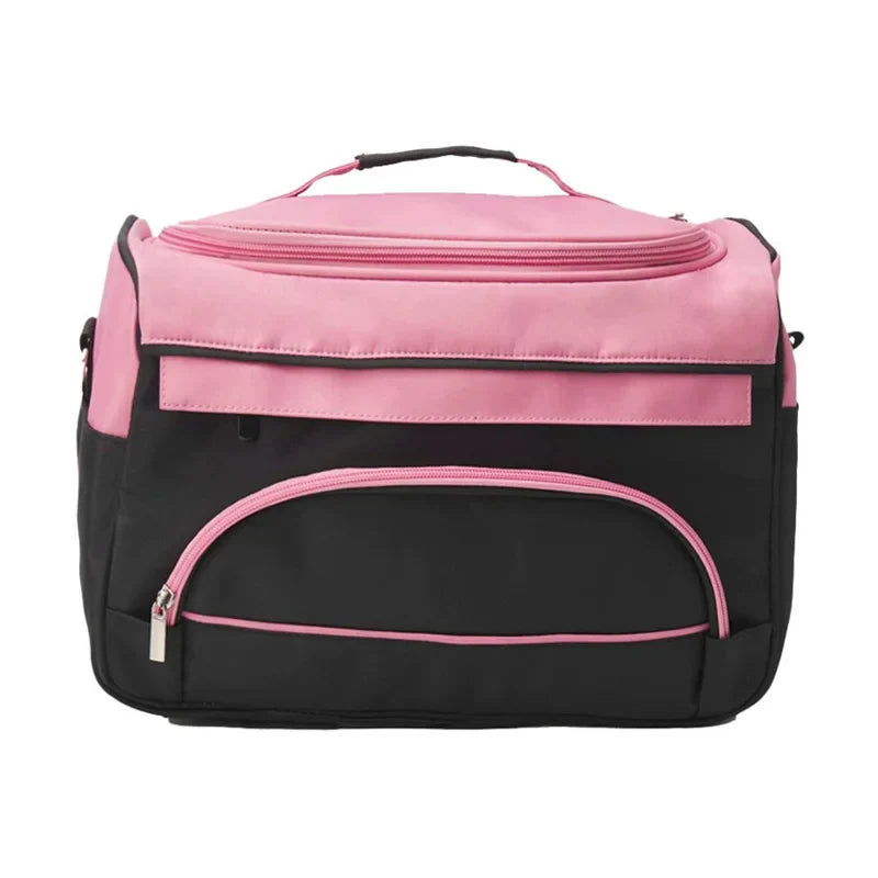 Borsa termica rosa e nera con manico superiore, tasca frontale con cerniera, ideale per picnic e viaggi. Design moderno e funzionale.