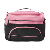 Borsa termica rosa e nera con manico superiore, tasca frontale con cerniera, ideale per picnic e viaggi. Design moderno e funzionale.