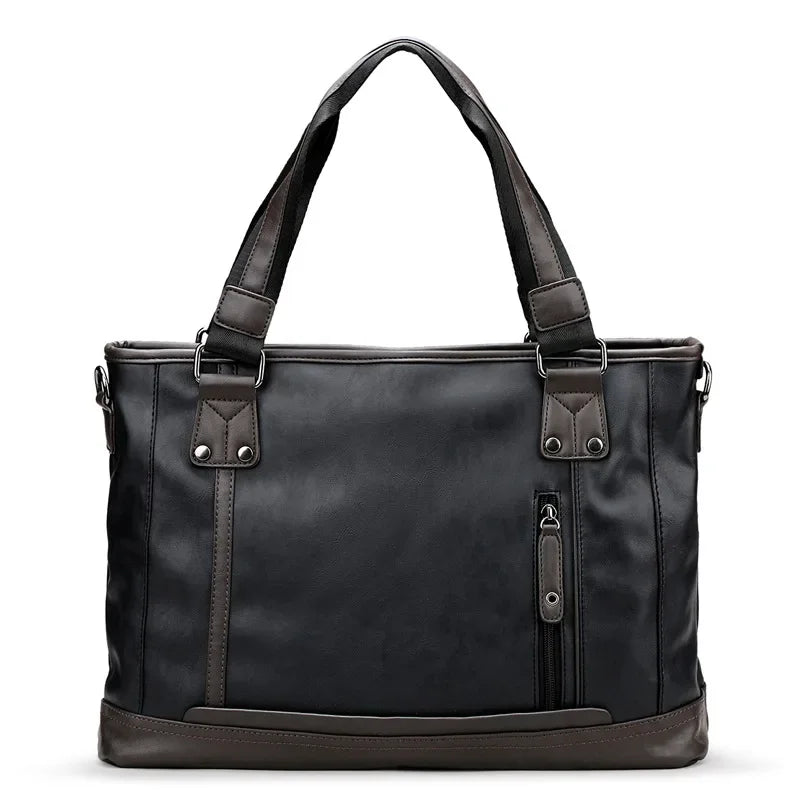 Borsa a tracolla in pelle nera da uomo, design elegante con cerniera frontale, manici robusti, ideale per lavoro e viaggio.