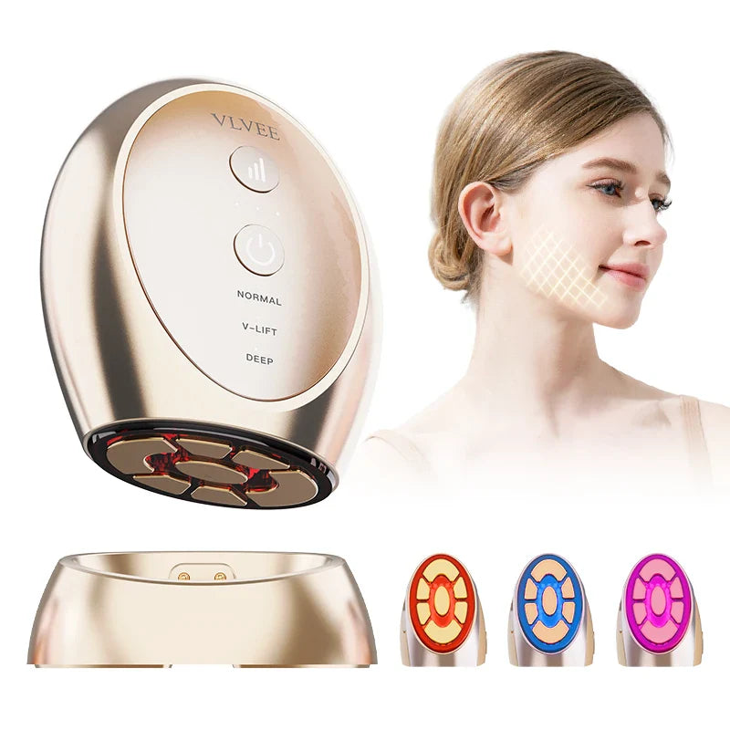 Dispositivo per lifting viso a LED, dorato, con modalità Normal, V-Lift, Deep. Include testine intercambiabili colorate per trattamenti specifici.