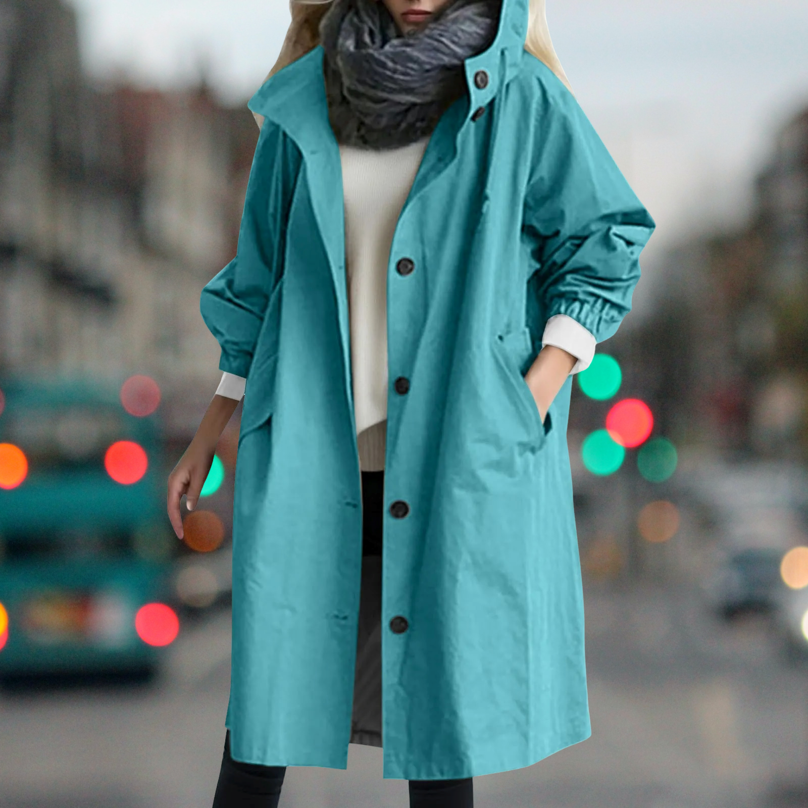 Cappotto lungo azzurro da donna, con bottoni neri e tasche, indossato su maglione bianco e sciarpa grigia. Moda autunnale in città.