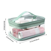 Borsa trasparente da viaggio in PVC con cerniera verde, dimensioni 21,5x15,5x9 cm, ideale per cosmetici e articoli da toeletta.