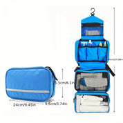 Borsa da viaggio blu con gancio, scomparti multipli, dimensioni 24x9,5x15,5 cm, ideale per articoli da toeletta e accessori, design compatto e organizzato.