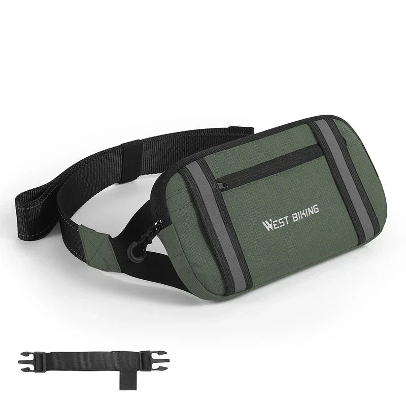Marsupio verde West Biking con cerniera, tasca frontale e cintura regolabile nera. Ideale per ciclismo, escursionismo e attività all'aperto.