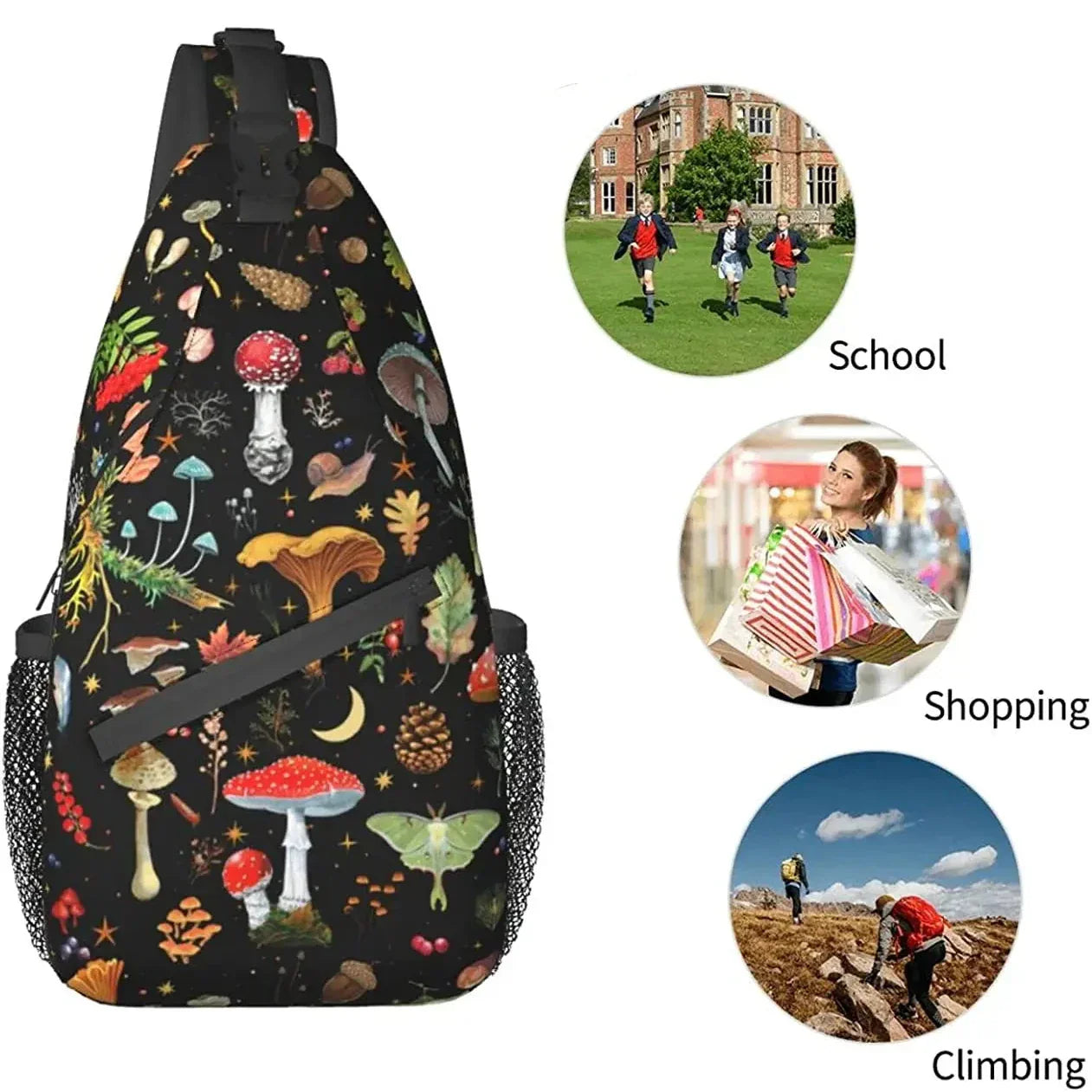 Zaino a tracolla con stampa di funghi colorati, tasche laterali in rete, ideale per scuola, shopping e arrampicata. Design unico e versatile.