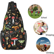 Zaino a tracolla con stampa di funghi colorati, tasche laterali in rete, ideale per scuola, shopping e arrampicata. Design unico e versatile.