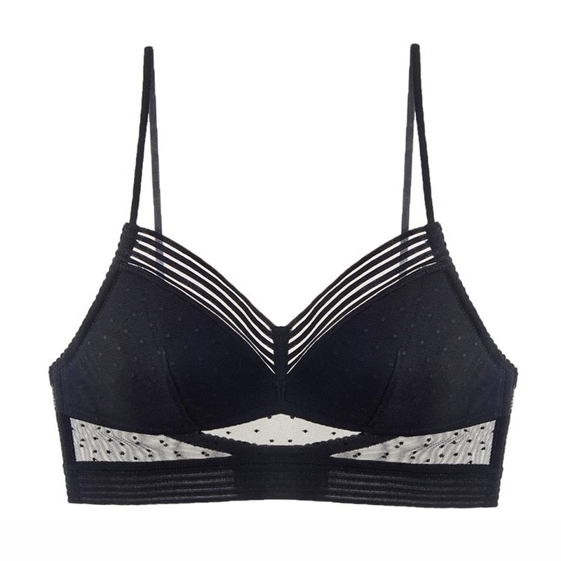 Reggiseno bralette nero con dettagli a righe e trasparenze, design moderno e confortevole, ideale per un look elegante e sofisticato.