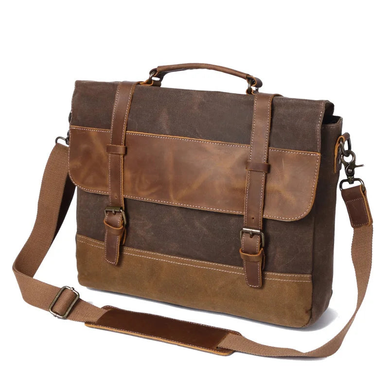 Borsa a tracolla in pelle marrone vintage, design elegante con fibbie, ideale per lavoro e viaggio. Stile classico, resistente e spaziosa.