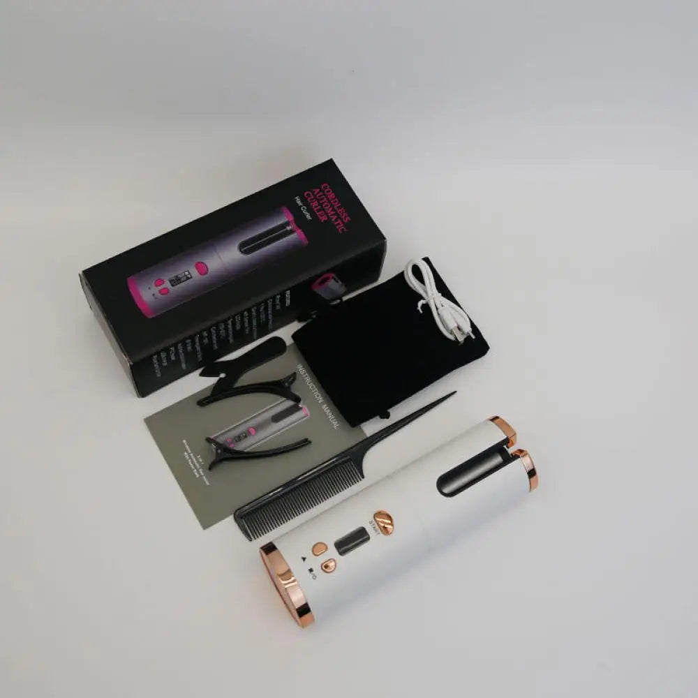 Arricciacapelli automatico bianco con accessori: pettine, cavo USB, pinze e custodia. Confezione elegante, ideale per styling capelli professionale.