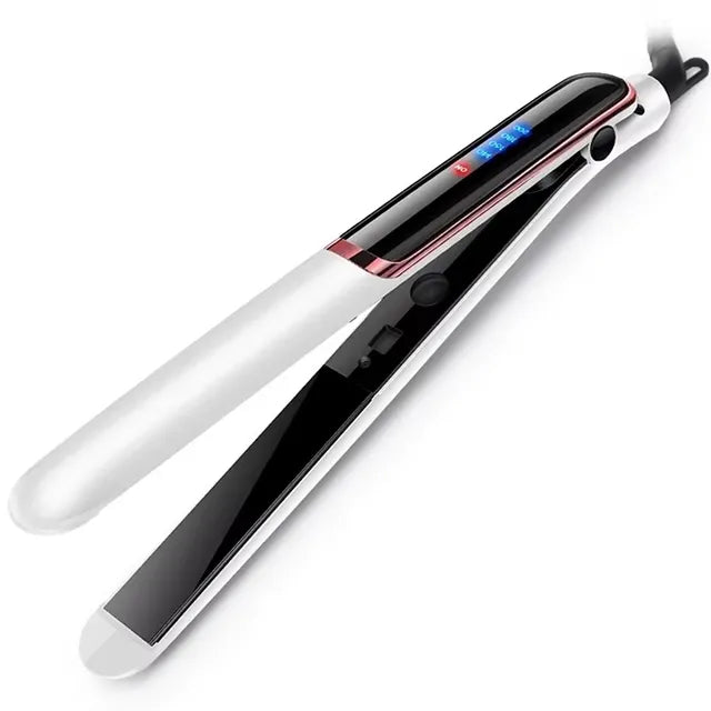 Piastra per capelli professionale bianca e nera con display digitale LED, controllo temperatura, design ergonomico, styling capelli liscio.