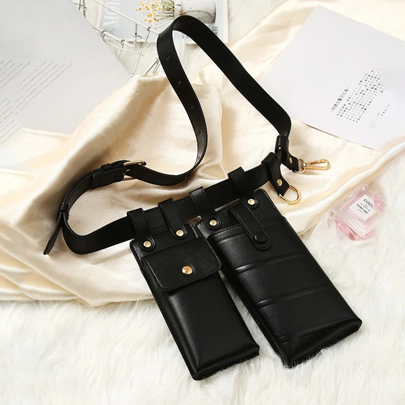 Cintura in pelle nera con doppia tasca, design elegante e funzionale, ideale per accessori moda, perfetta per look casual e urbani.