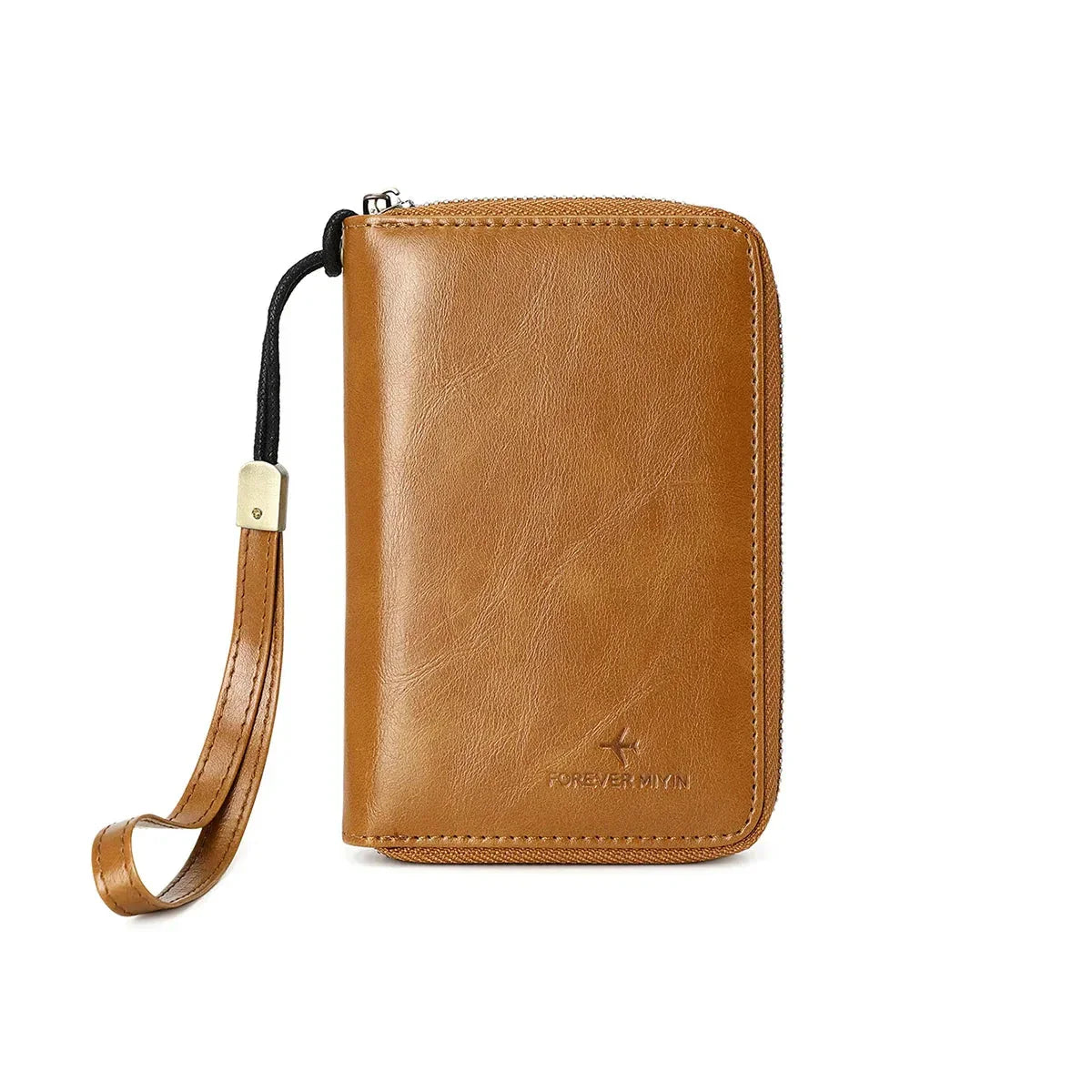 Portafoglio in pelle marrone con cerniera e cinturino da polso, design elegante e compatto, ideale per uomo e donna, accessorio moda di qualità.