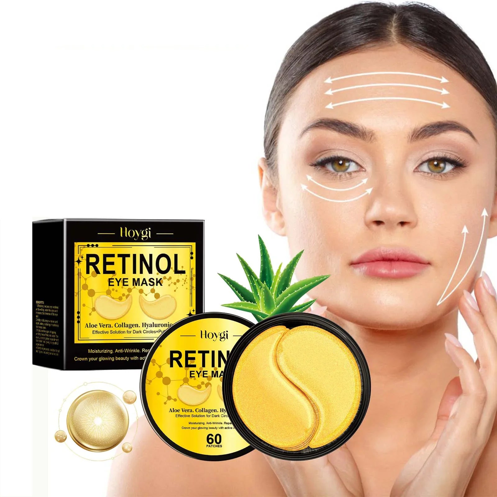 Maschera occhi al retinolo Hoygi, confezione da 60 pezzi, con aloe vera, collagene e acido ialuronico. Idratante e anti-età per contorno occhi.