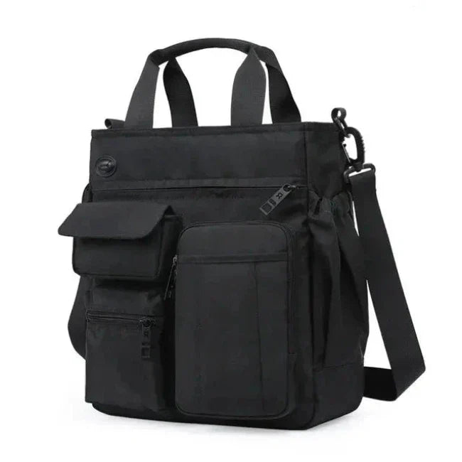 Borsa a tracolla nera multifunzione, design moderno, tasche multiple, ideale per lavoro e viaggio. Materiale resistente e impermeabile.