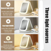 Specchio da trucco con tre modalità di illuminazione: luce naturale 4700K, luce fredda 6000K, luce calda 3500K. Ideale per makeup e cura personale.