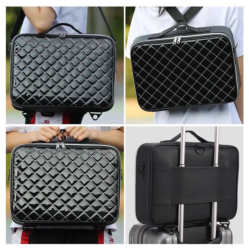 Borsa da lavoro nera trapuntata, elegante e resistente, con cerniera e manico, ideale per laptop. Design moderno, perfetta per viaggi d'affari.
